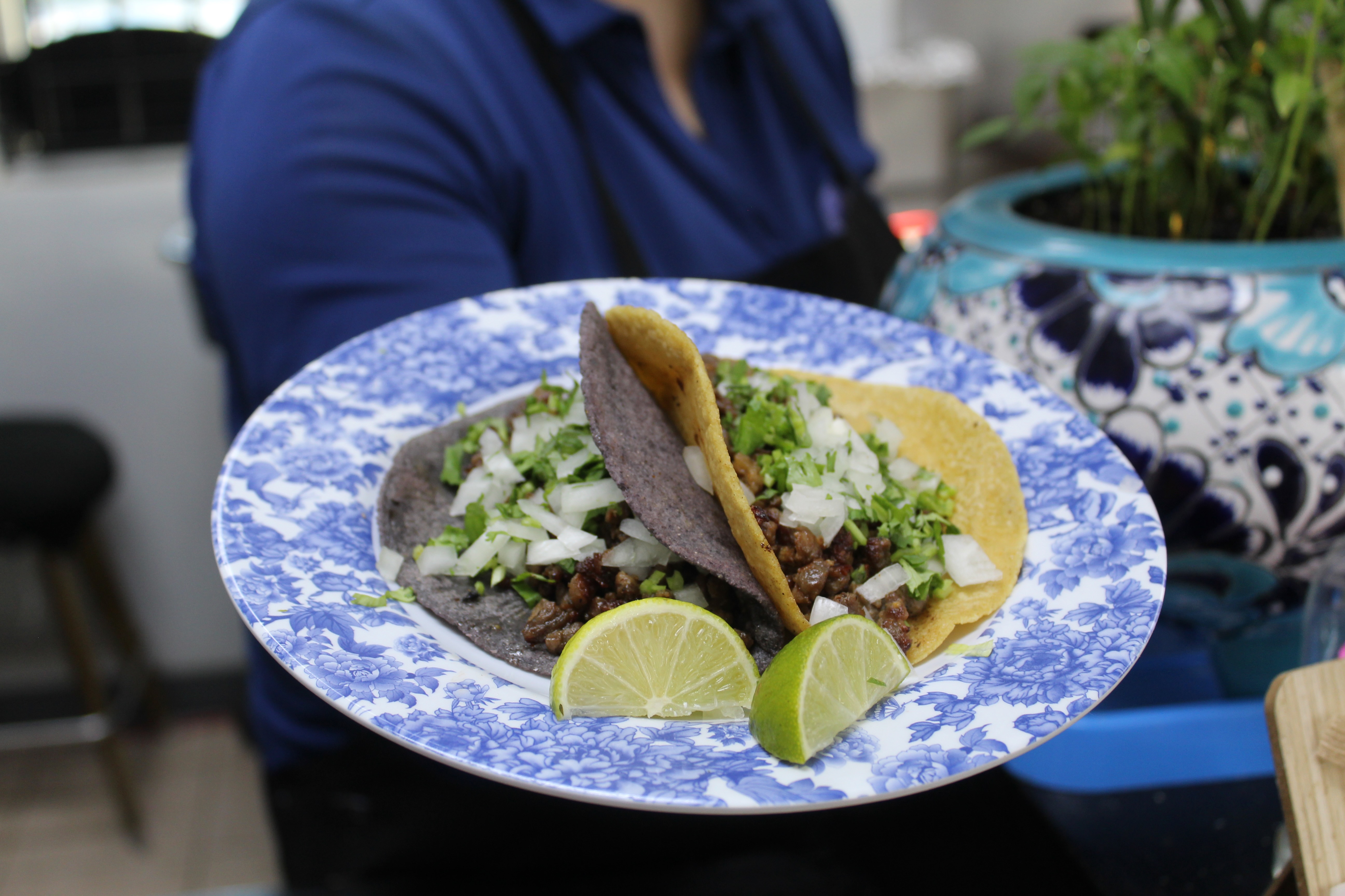 woman holding out plate of tacos